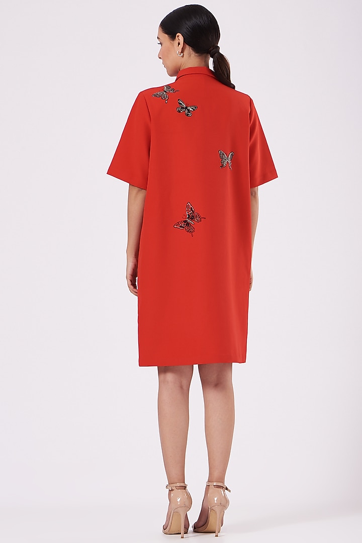 Red Double Crepe Embroidered Mini Vacation Dress by Shahin Mannan at Pernia's Pop Up Shop