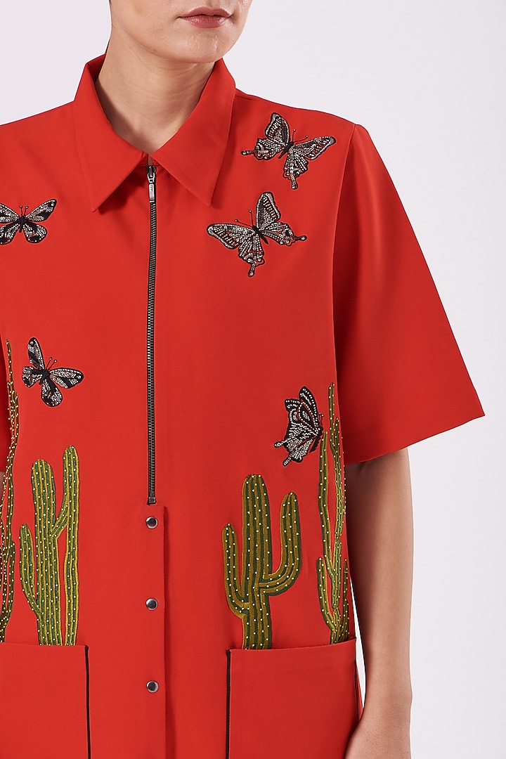 Red Double Crepe Embroidered Mini Vacation Dress by Shahin Mannan at Pernia's Pop Up Shop