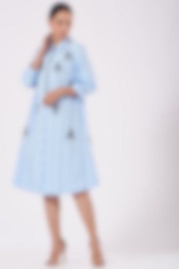 Light Blue Embroidered Cocktail Shirt Dress by Shahin Mannan at Pernia's Pop Up Shop