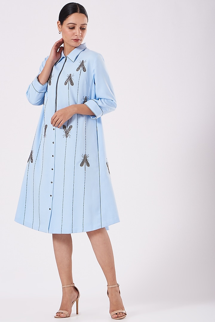 Light Blue Embroidered Cocktail Shirt Dress by Shahin Mannan at Pernia's Pop Up Shop