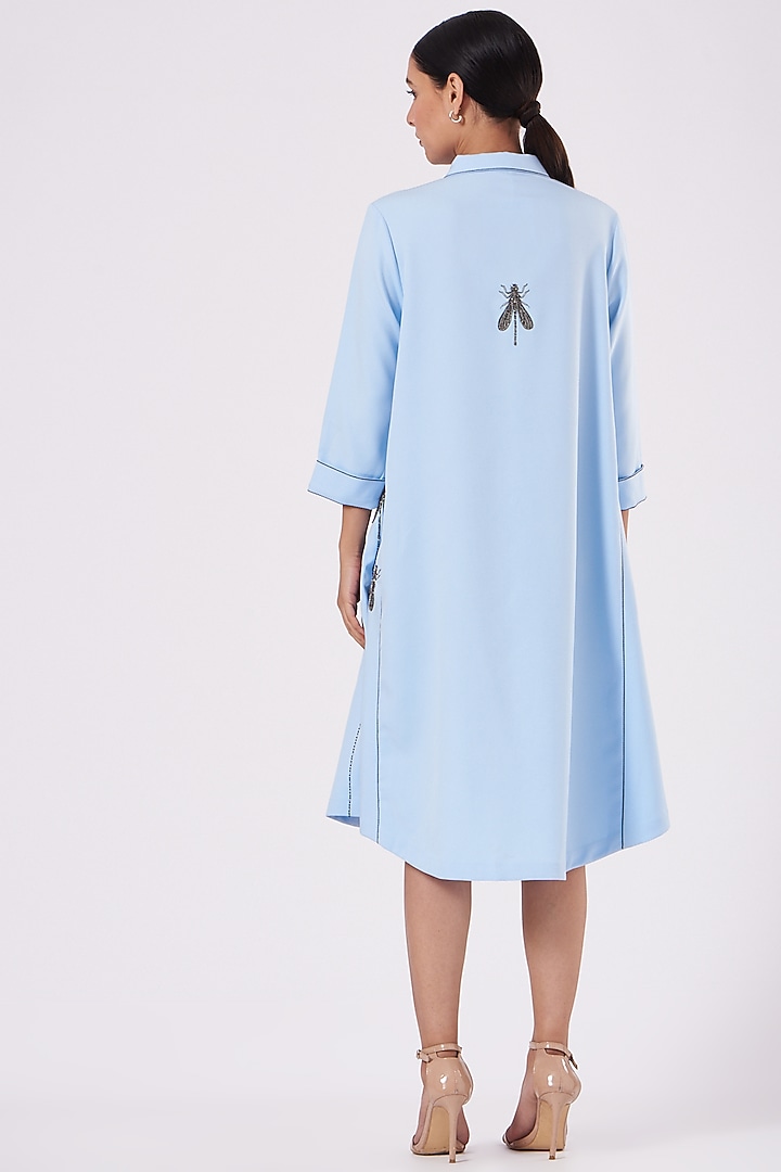 Light Blue Embroidered Cocktail Shirt Dress by Shahin Mannan at Pernia's Pop Up Shop
