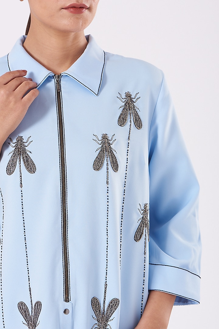 Light Blue Embroidered Cocktail Shirt Dress by Shahin Mannan at Pernia's Pop Up Shop