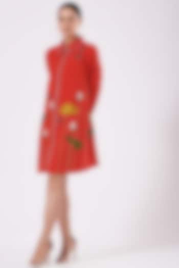 Red Embroidered Shirt Dress by Shahin Mannan