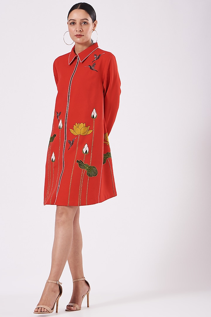 Red Embroidered Shirt Dress by Shahin Mannan