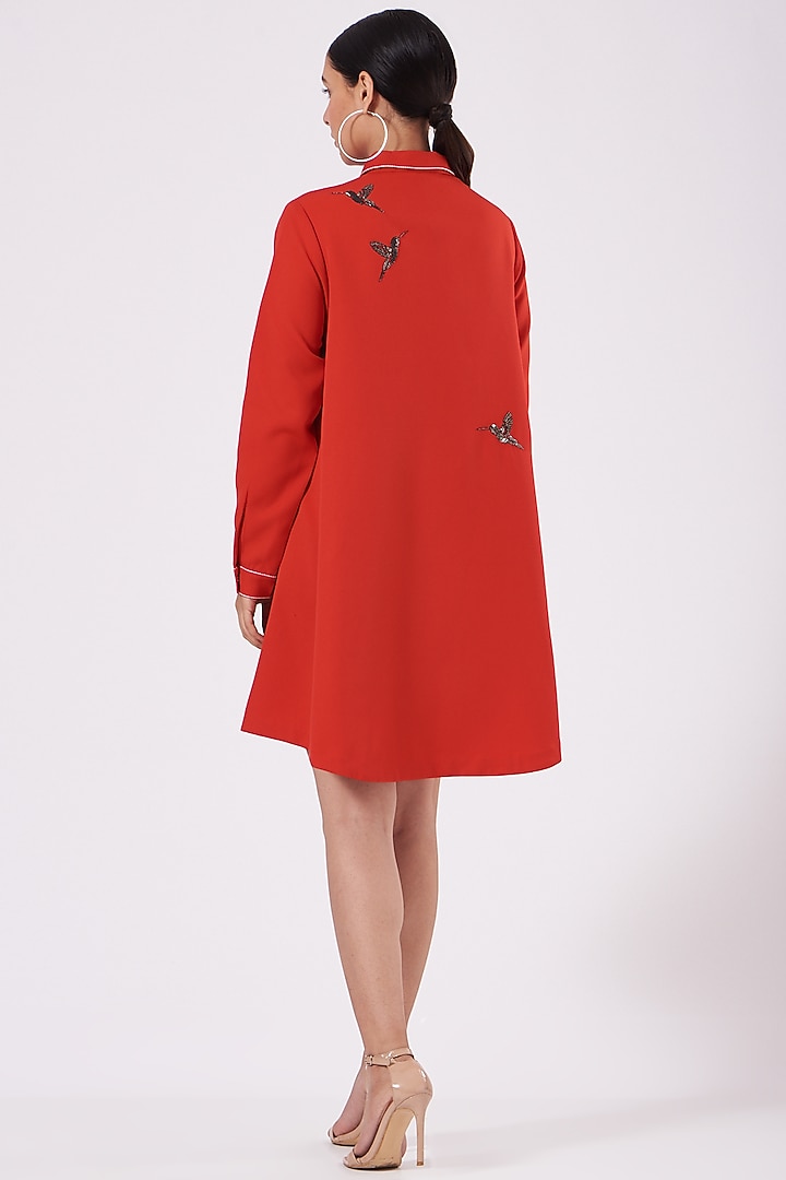 Red Embroidered Cocktail Shirt Dress by Shahin Mannan at Pernia's Pop Up Shop