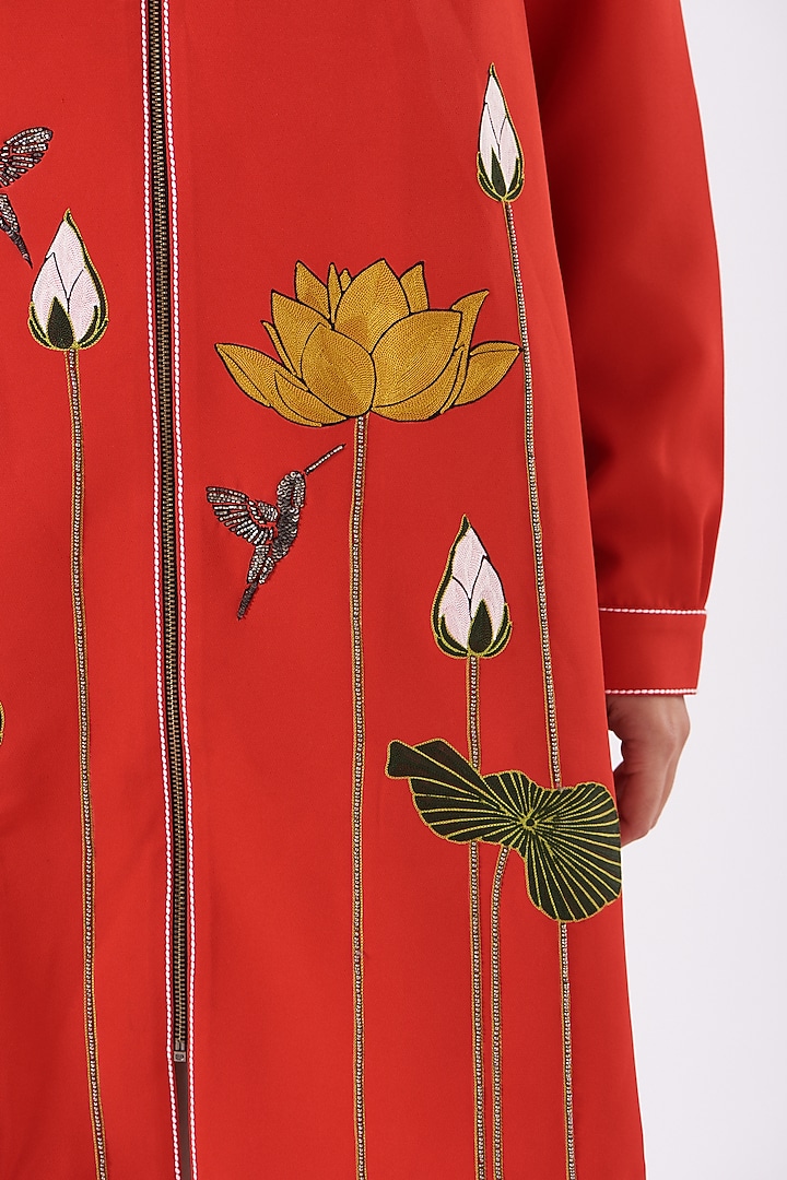 Red Embroidered Cocktail Shirt Dress by Shahin Mannan at Pernia's Pop Up Shop