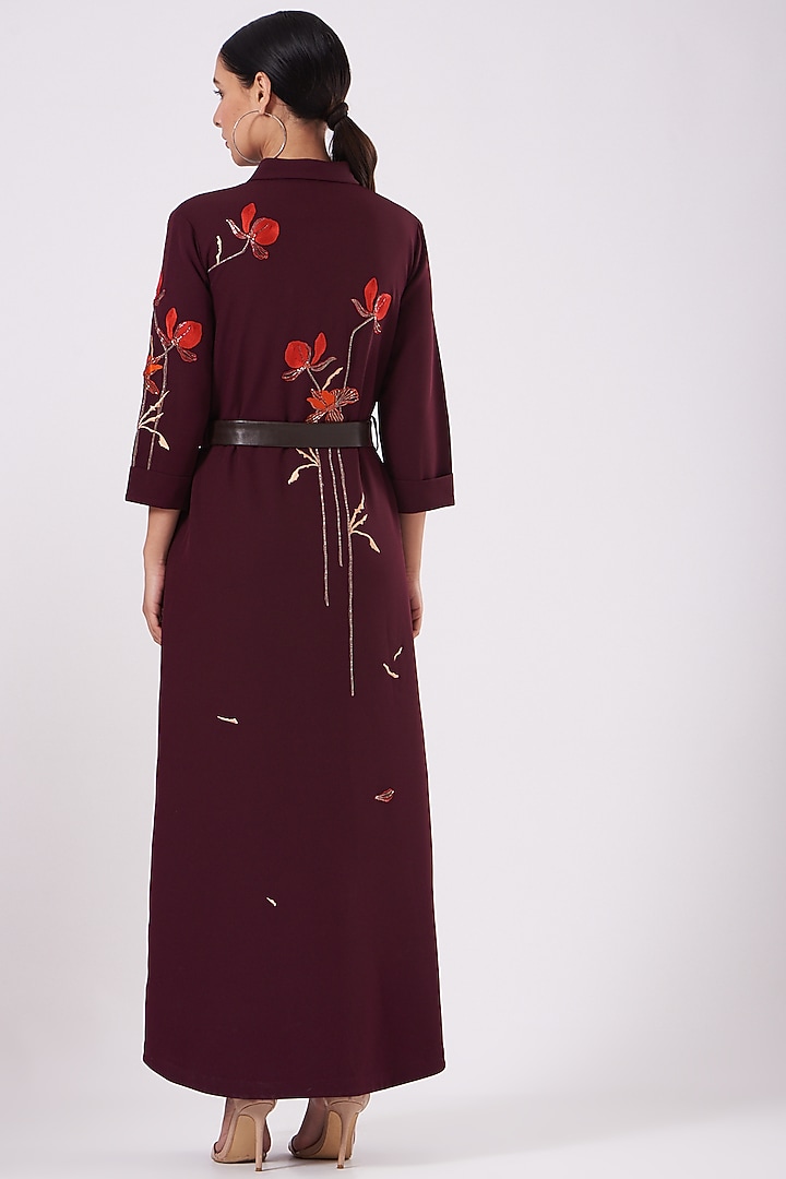 Wine Embroidered Maxi Cocktail Shirt Dress With Belt by Shahin Mannan at Pernia's Pop Up Shop