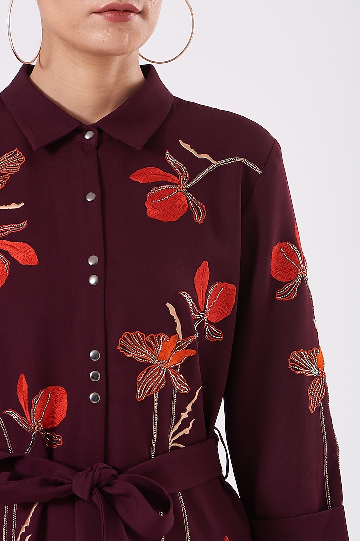 Wine Embroidered Maxi Cocktail Shirt Dress With Belt by Shahin Mannan at Pernia's Pop Up Shop