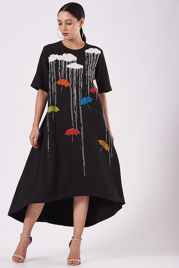 Black Hi-Low Embroidered Midi Dress by Shahin Mannan