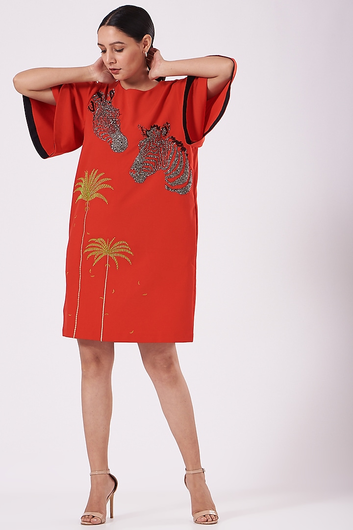 Red Hand Embroidered Mini Dress by Shahin Mannan