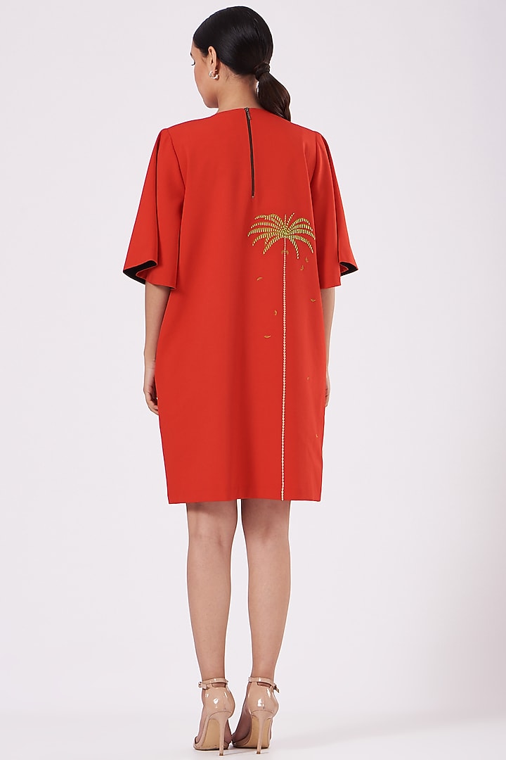 Red Hand Embroidered Mini Vacation Dress by Shahin Mannan at Pernia's Pop Up Shop