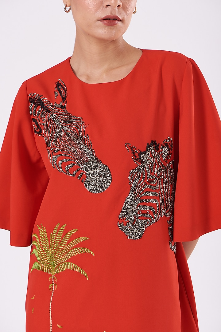 Red Hand Embroidered Mini Vacation Dress by Shahin Mannan at Pernia's Pop Up Shop