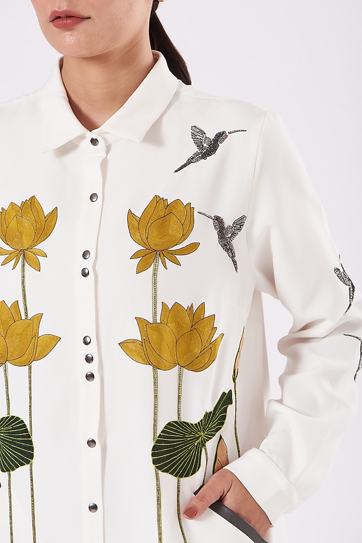 Ivory Embroidered High-Low Vacation Shirt Dress by Shahin Mannan at Pernia's Pop Up Shop
