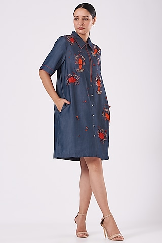 Blue Embroidered Shift Dress by Shahin Mannan