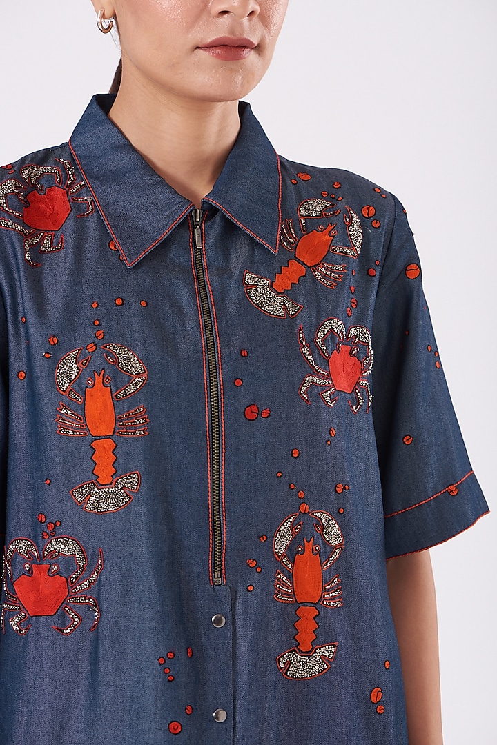 Blue Embroidered Shift Vacation Dress by Shahin Mannan at Pernia's Pop Up Shop