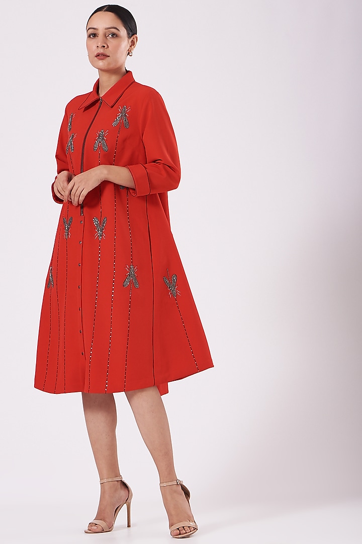 Red Double Crepe Embroidered Shirt Dress by Shahin Mannan