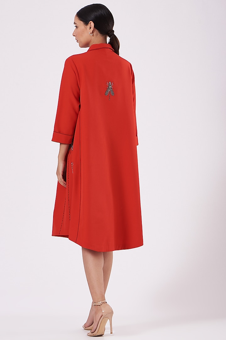 Red Double Crepe Embroidered Cocktail Shirt Dress by Shahin Mannan at Pernia's Pop Up Shop