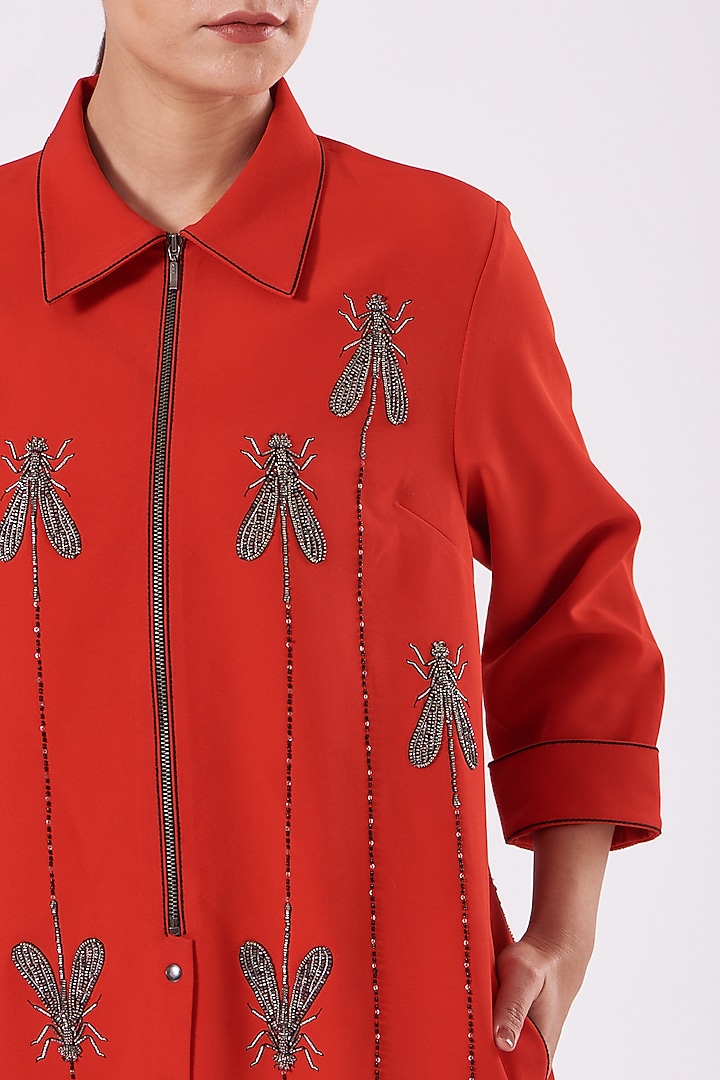 Red Double Crepe Embroidered Cocktail Shirt Dress by Shahin Mannan at Pernia's Pop Up Shop