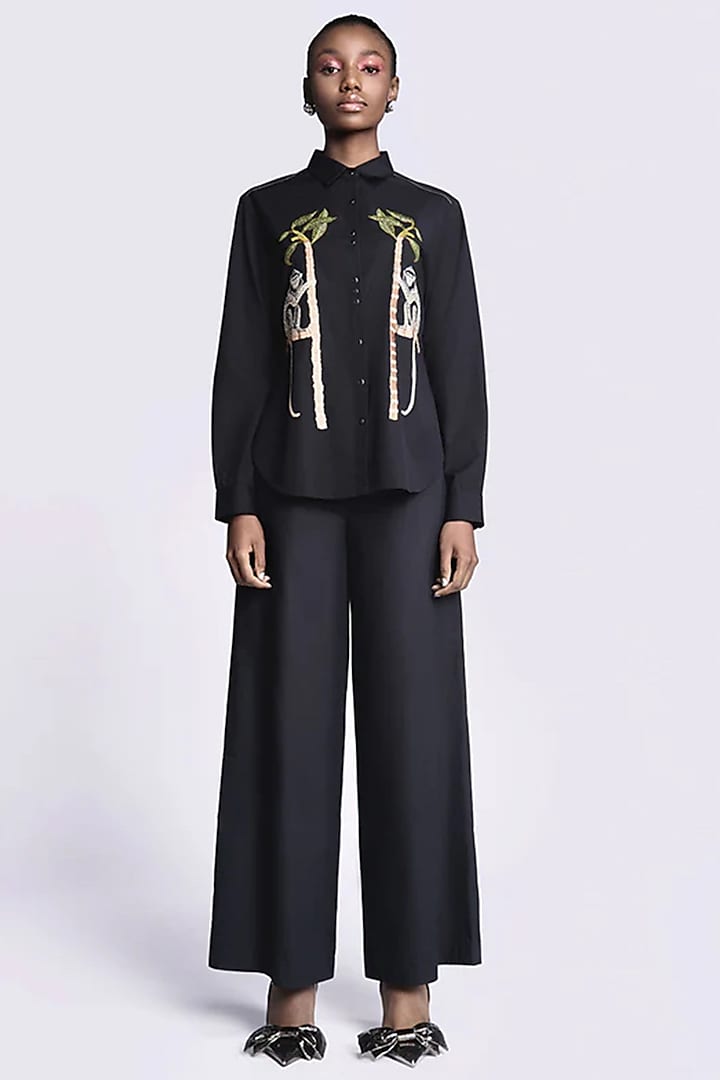 Black Poplin Embroidered Co-Ord Set by Shahin Mannan at Pernia's Pop Up Shop