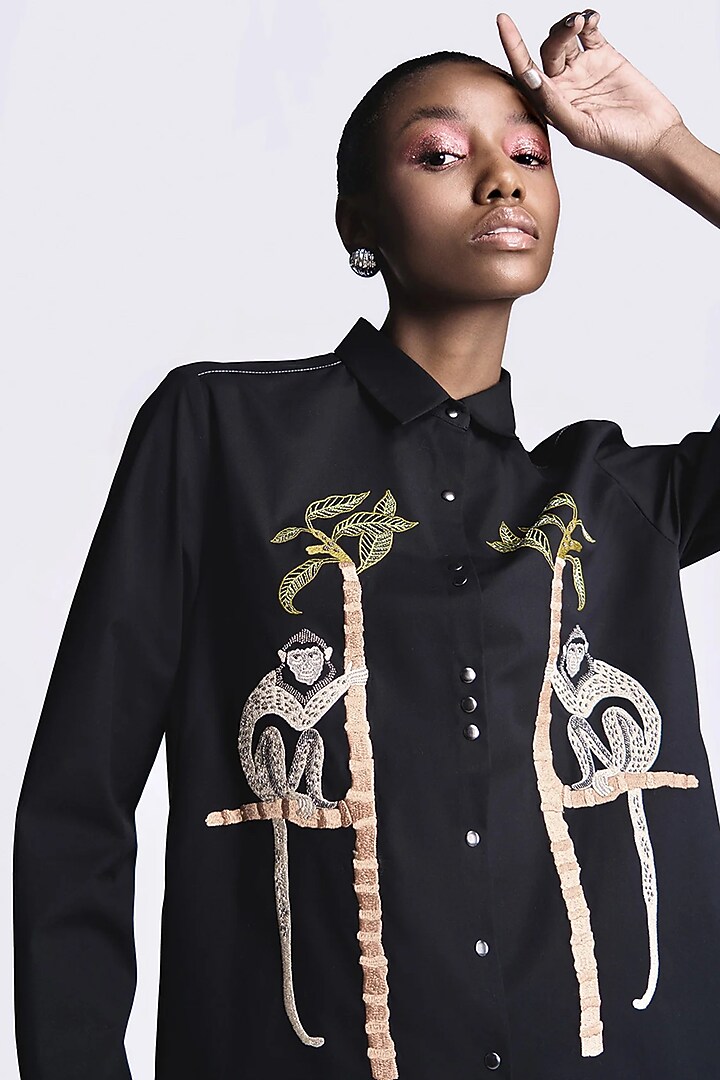 Black Poplin Embroidered Co-Ord Set by Shahin Mannan at Pernia's Pop Up Shop