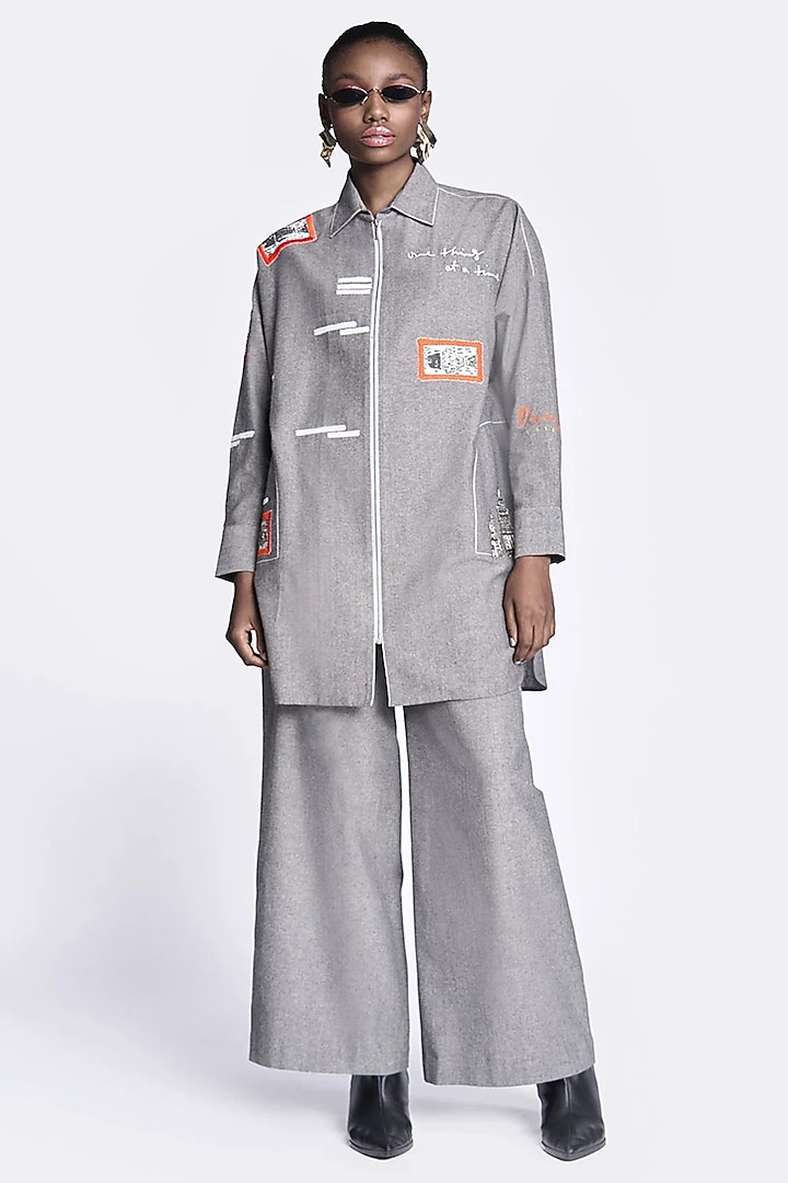 Grey Chambray Embroidered Co-Ord Set by Shahin Mannan at Pernia's Pop Up Shop