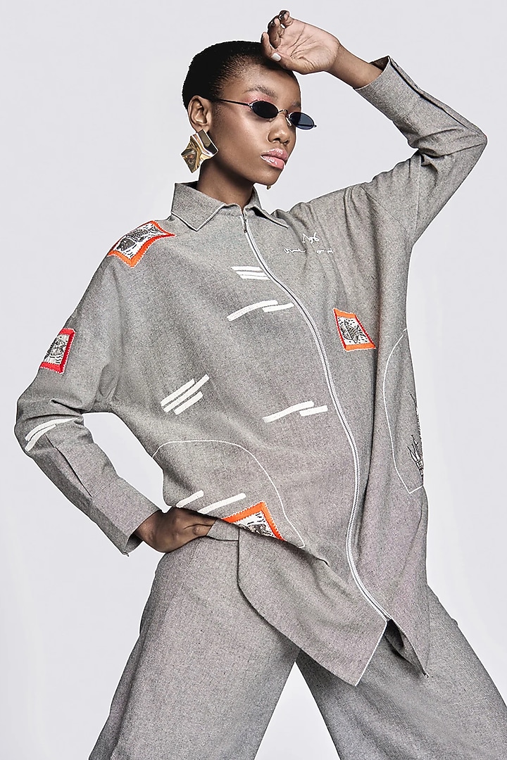 Grey Chambray Embroidered Co-Ord Set by Shahin Mannan at Pernia's Pop Up Shop