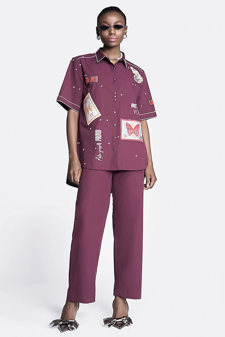 Maroon Poplin Embroidered Co-Ord Set by Shahin Mannan at Pernia's Pop Up Shop