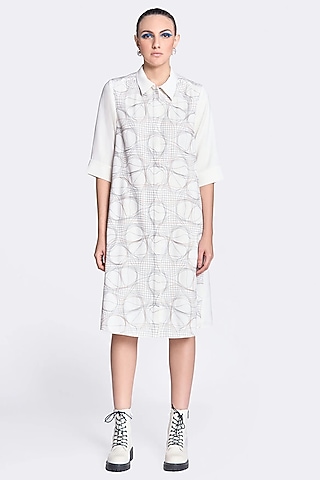 White Japanese Crepe Embroidered Front-Open Dress by Shahin Mannan