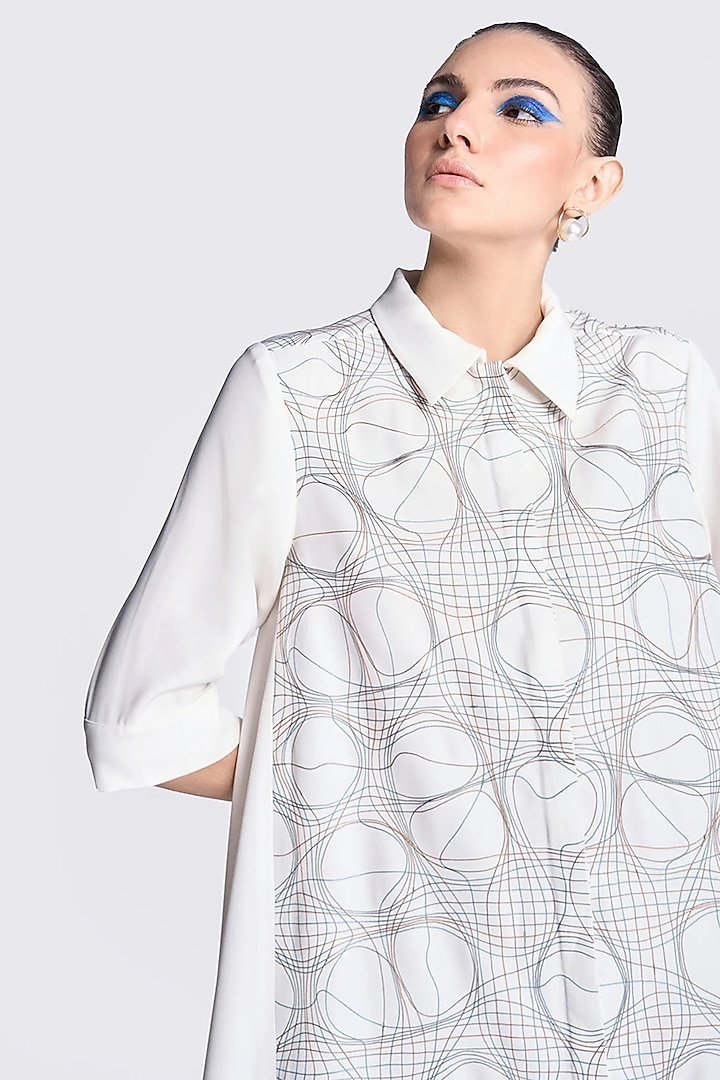 White Japanese Crepe Embroidered Front-Open Cocktail Dress by Shahin Mannan at Pernia's Pop Up Shop