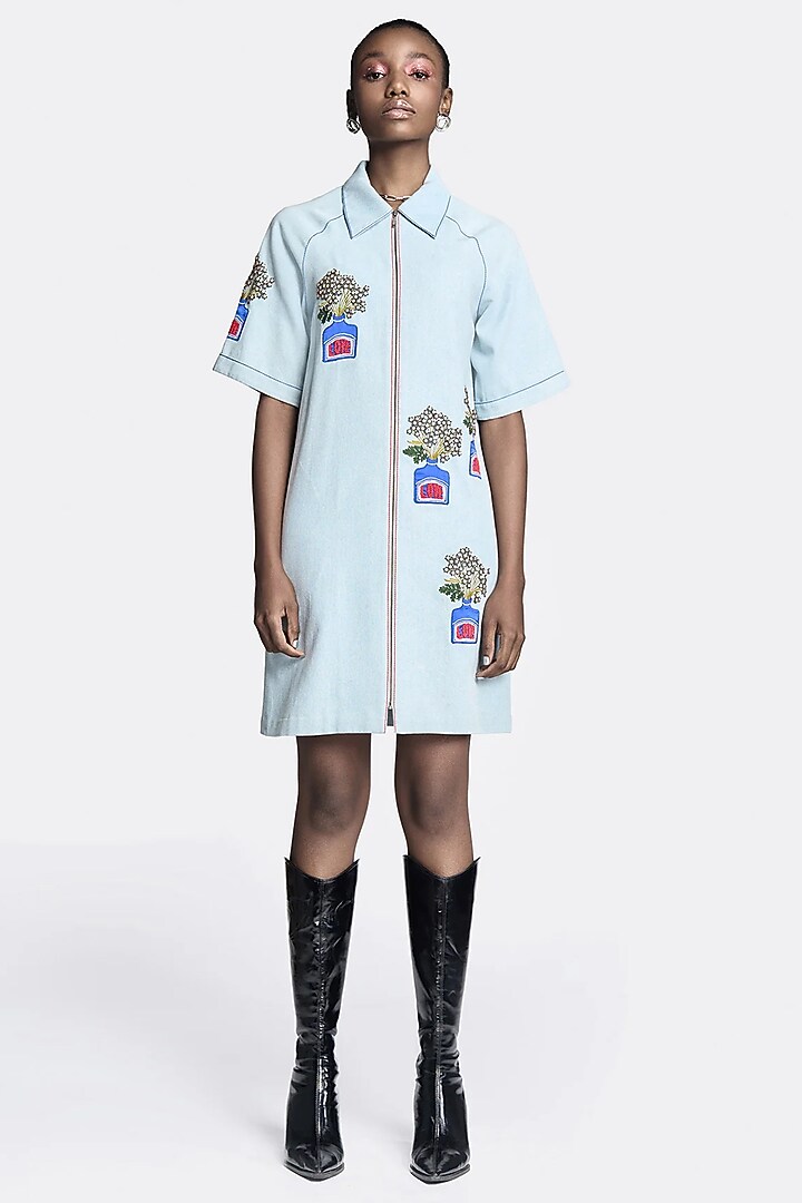 Blue Thin Denim Embroidered Vacation Dress by Shahin Mannan at Pernia's Pop Up Shop