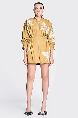 Mustard Poplin Butterfly Embroidered Jacket Dress by Shahin Mannan