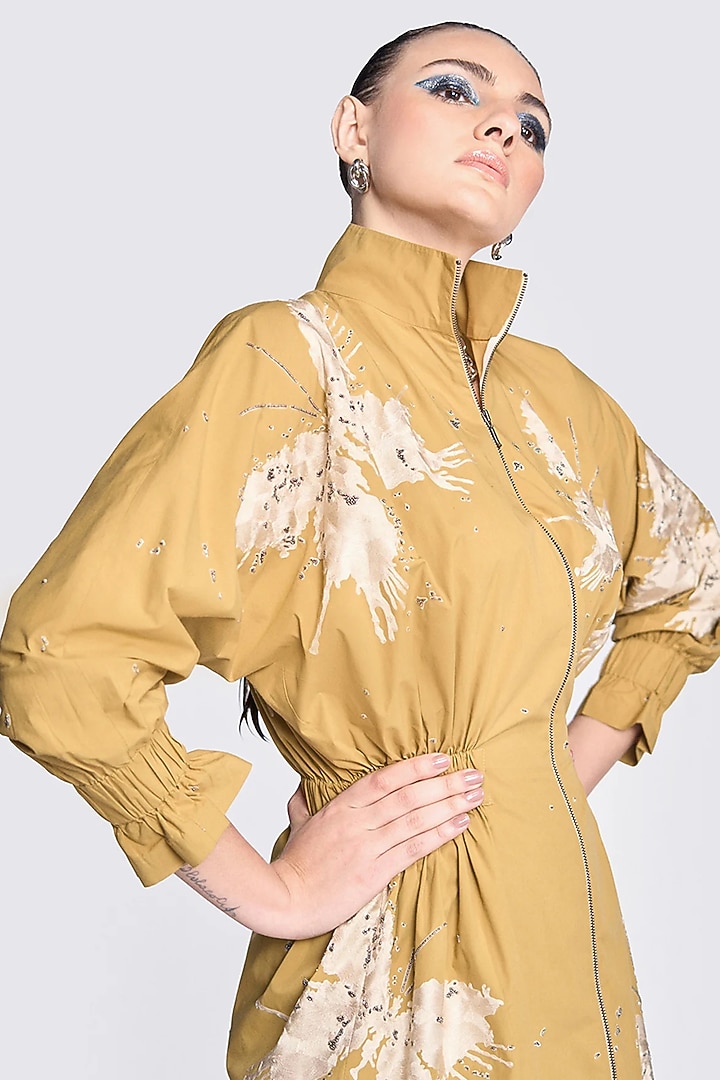 Mustard Poplin Butterfly Embroidered Jacket Cocktail Dress by Shahin Mannan at Pernia's Pop Up Shop