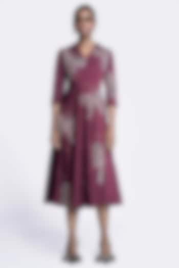 Maroon Double Crepe Butterfly Embroidered Midi Cocktail Dress by Shahin Mannan at Pernia's Pop Up Shop