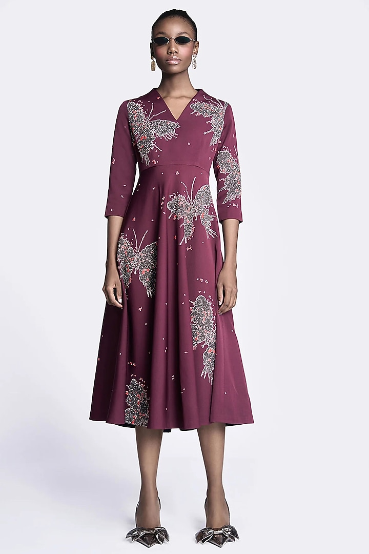 Maroon Double Crepe Butterfly Embroidered Midi Cocktail Dress by Shahin Mannan at Pernia's Pop Up Shop