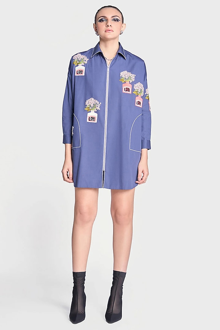 Blue Poplin Embroidered Overshirt by Shahin Mannan at Pernia's Pop Up Shop