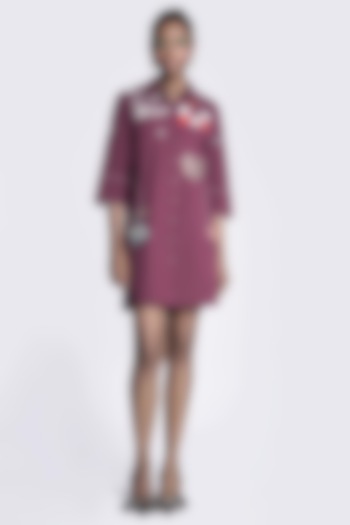 Maroon Poplin Embroidered Shirt Dress by Shahin Mannan at Pernia's Pop Up Shop