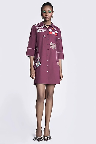 Maroon Poplin Embroidered Shirt Dress by Shahin Mannan