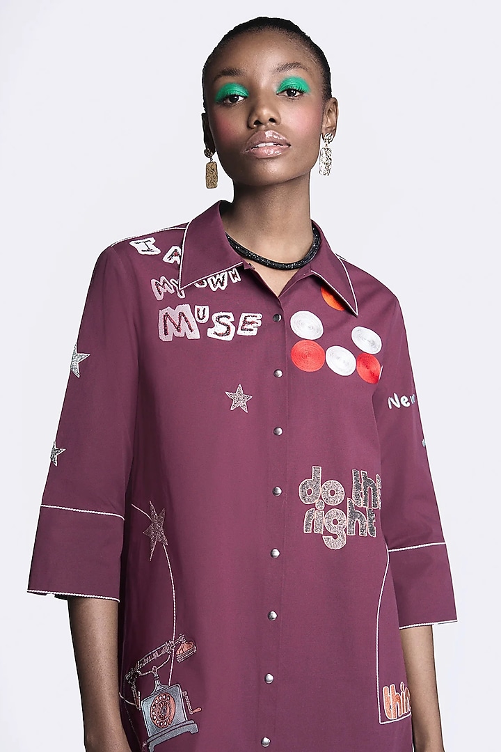 Maroon Poplin Embroidered Shirt Dress by Shahin Mannan at Pernia's Pop Up Shop