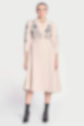 Beige Japanese Crepe Lotus Hand Embroidered Wrap Midi Cocktail Dress by Shahin Mannan at Pernia's Pop Up Shop