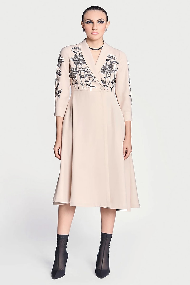 Beige Japanese Crepe Lotus Hand Embroidered Wrap Midi Cocktail Dress by Shahin Mannan at Pernia's Pop Up Shop
