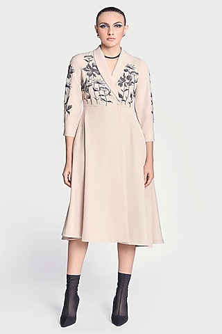 Beige Japanese Crepe Lotus Hand Embroidered Wrap Midi Dress by Shahin Mannan