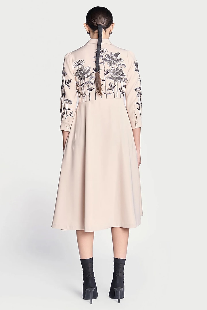 Beige Japanese Crepe Lotus Hand Embroidered Wrap Midi Cocktail Dress by Shahin Mannan at Pernia's Pop Up Shop