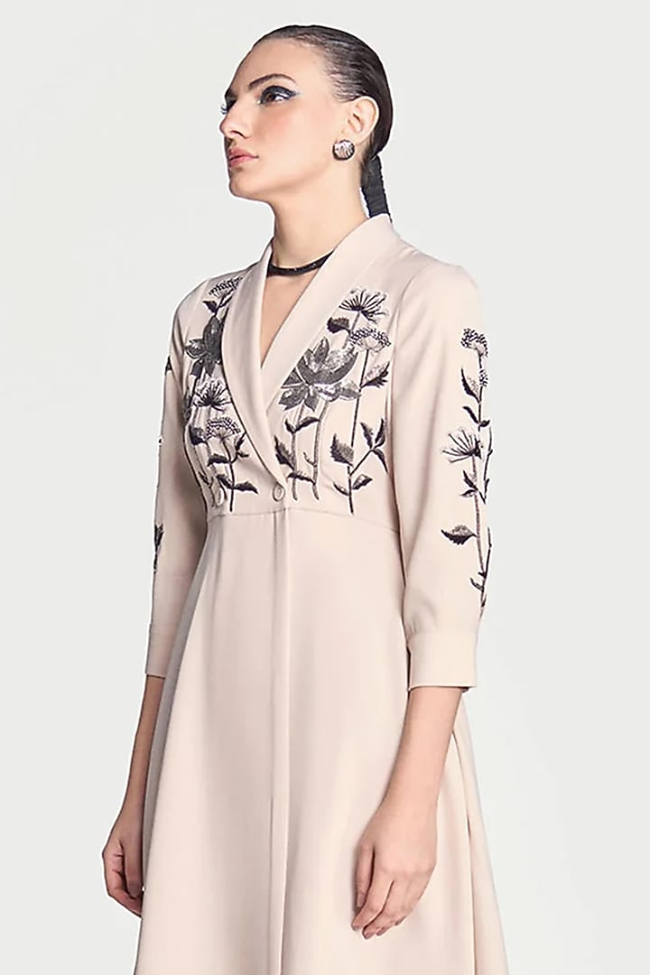 Beige Japanese Crepe Lotus Hand Embroidered Wrap Midi Cocktail Dress by Shahin Mannan at Pernia's Pop Up Shop