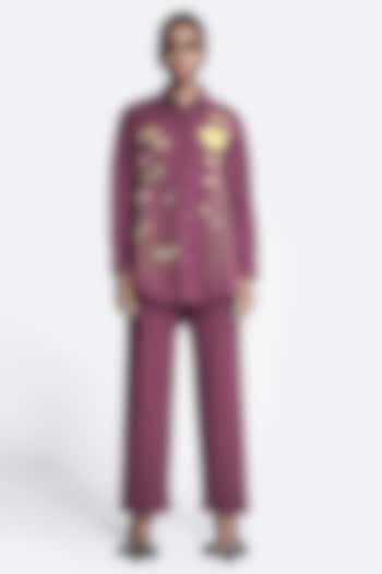 Maroon Poplin Hand Embroidered Co-Ord Set by Shahin Mannan at Pernia's Pop Up Shop