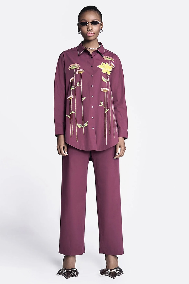 Maroon Poplin Hand Embroidered Co-Ord Set by Shahin Mannan at Pernia's Pop Up Shop