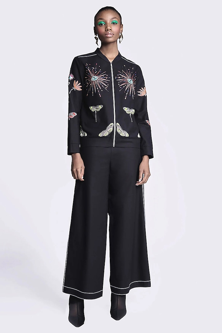 Black Gabardine Embroidered Jacket by Shahin Mannan at Pernia's Pop Up Shop