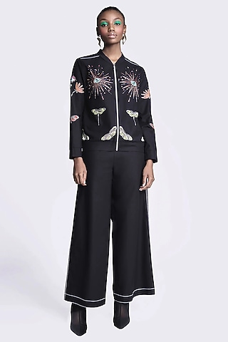 Black Gabardine Embroidered Jacket by Shahin Mannan