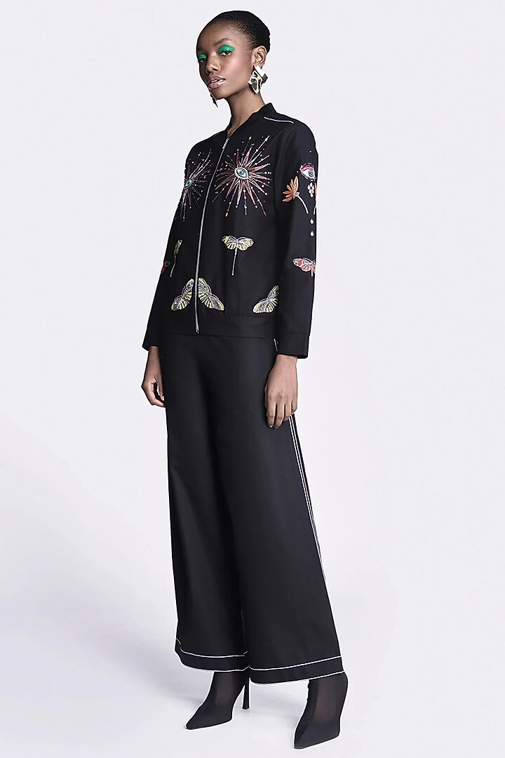 Black Gabardine Embroidered Jacket by Shahin Mannan at Pernia's Pop Up Shop