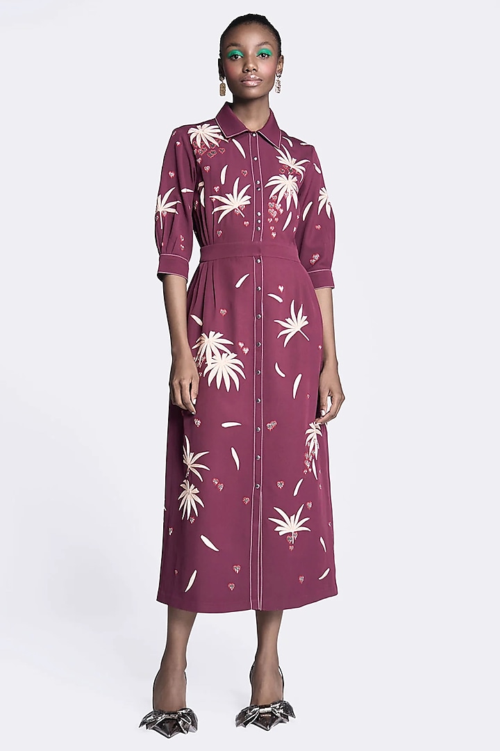 Maroon Double Crepe Embroidered Cocktail Dress by Shahin Mannan at Pernia's Pop Up Shop