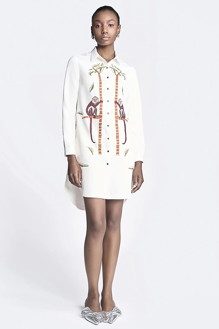 White Double Crepe Embroidered High-Low Shirt Vacation Dress by Shahin Mannan at Pernia's Pop Up Shop